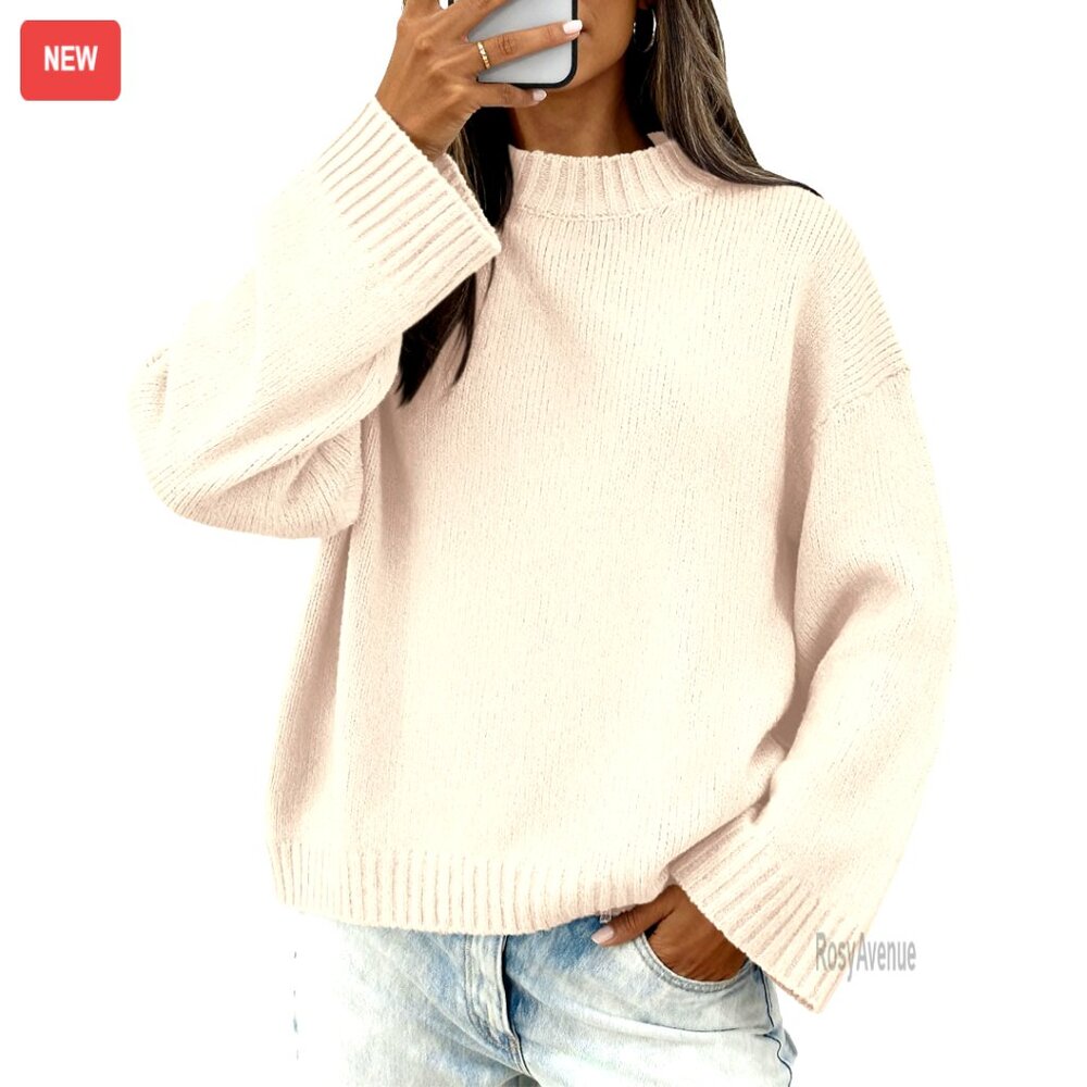 Loose Fit Ribbed Knit Pullover Sweater, Crew Neck Long Sleeve, Oeko-Tex